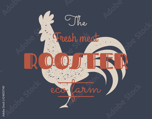 Vintage rooster logo for dairy and meat business, butcher shop, market. Template, stamp, badge, label with rooster silhouette. Fresh rooster. Vector illustration.