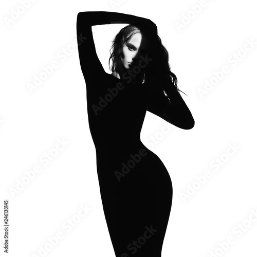 Black and white fashion portrait of beautiful lady photo