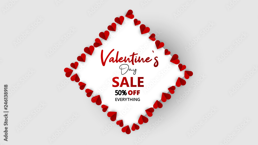 Promo Web Banner for Valentine's Day Sale. Beautiful Background with Red Hearts. Vector Illustration with Seasonal Offer. - Vector
