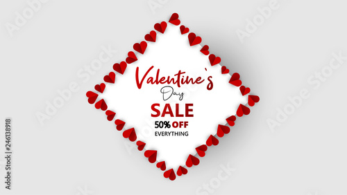Promo Web Banner for Valentine's Day Sale. Beautiful Background with Red Hearts. Vector Illustration with Seasonal Offer. - Vector