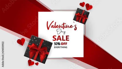 Promo Web Banner for Valentine's Day Sale. Beautiful Background with Red Hearts. Vector Illustration with Seasonal Offer. - Vector
