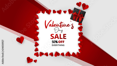Promo Web Banner for Valentine's Day Sale. Beautiful Background with Red Hearts. Vector Illustration with Seasonal Offer. - Vector