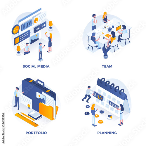 Modern Flat Isometric designed concept icons for Social Media, Team, Portfolio and Planning. Can be used for Web Project and Applications. Vector Illustration