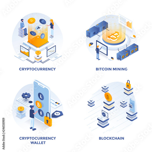 Modern Flat Isometric designed concept icons for Cryptocurrency, Cryptocurrency wallet, Bitcoin mining and Blockchain. Can be used for Web Project and Applications. Vector Illustration