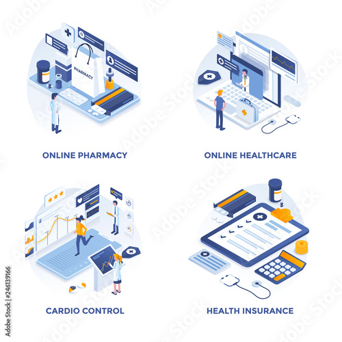 Modern Flat Isometric designed concept icons for Online Pharmacy, Online Healthcare, Cardio Control and Health Insurance. Can be used for Web Project and Applications. Vector Illustration