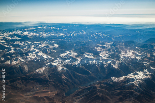 California mountains covered with Snow aerial View from airplane  California  USA