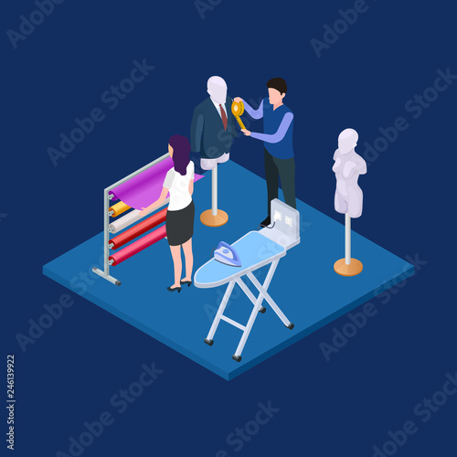 Clothing design, atelier 3d isometric vector concept isolated on background illustration