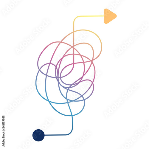 Insane messy line. Complicated clew way. Tangled scribble colorful vector path illustration