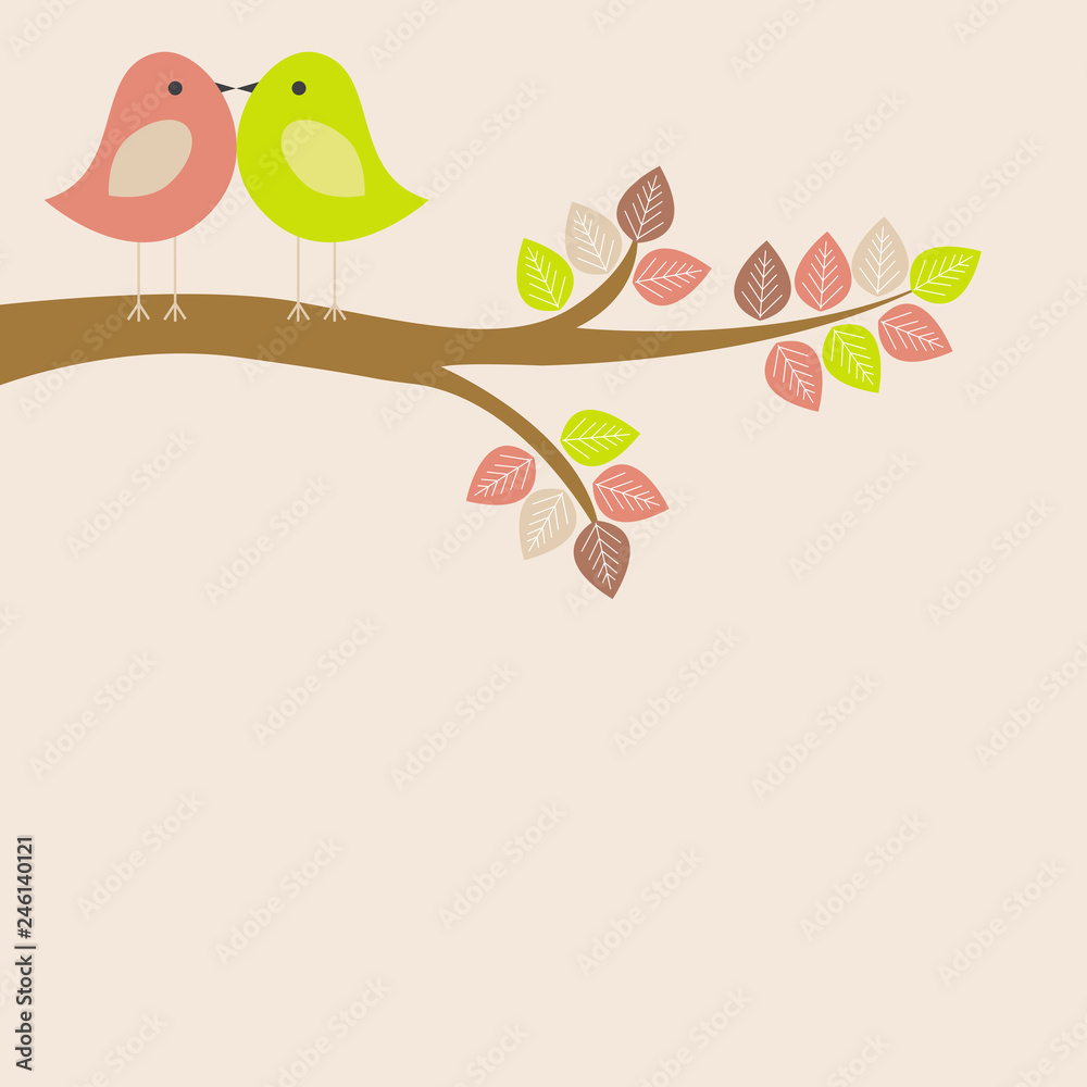 Vector greeting card on the theme of nature. Cute birds sitting on a tree.