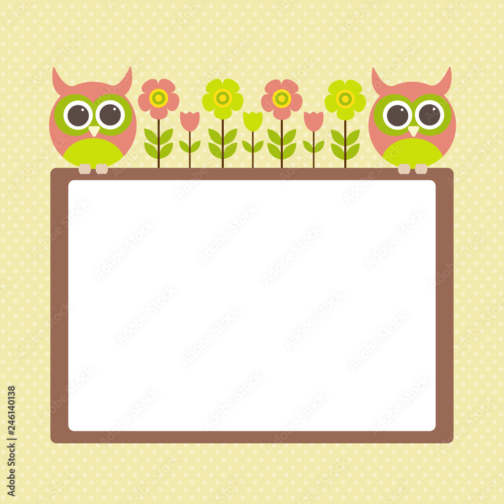 Vector postcard frame nature. Cute owls with flowers. Vector postcard frame nature. Cute owls with flowers.