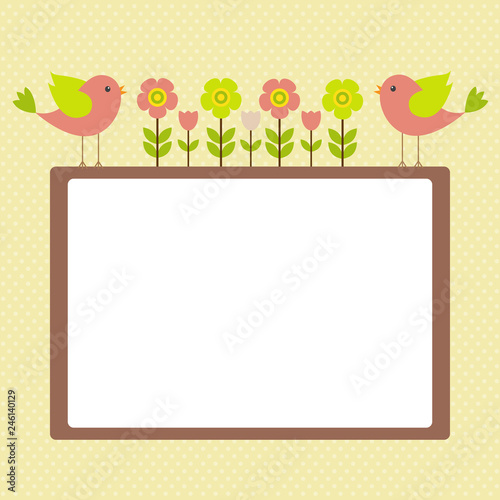 Vector postcard frame nature. Cute birds with flowers.