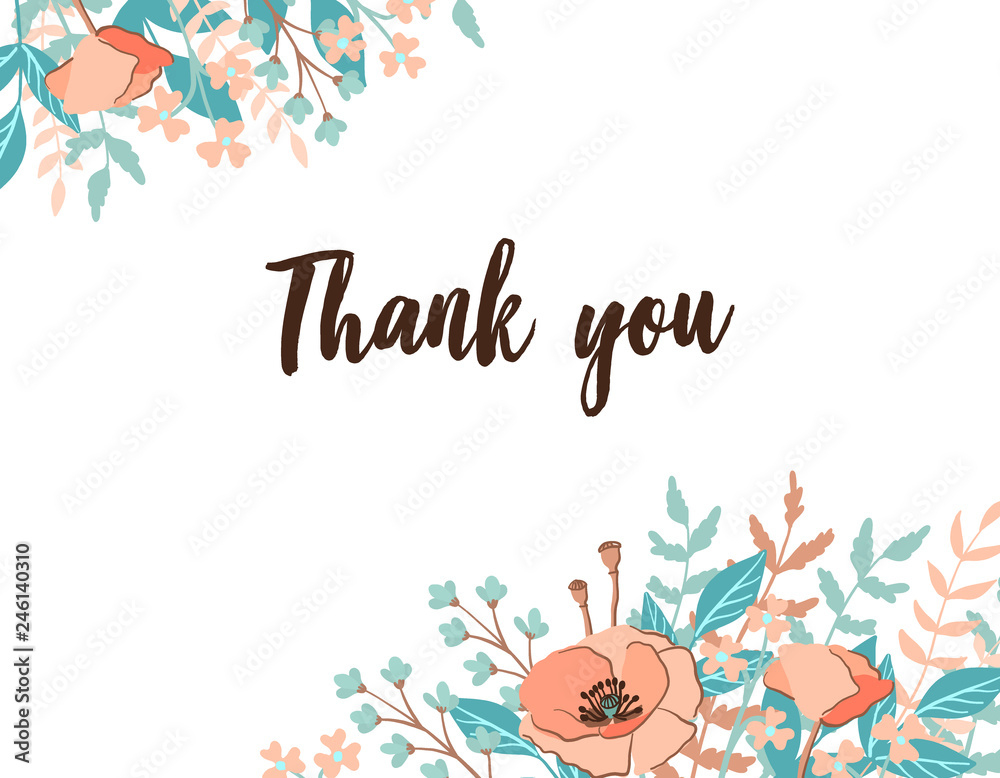 Classic and Refind Thank you card with flower frame background, hand drawn floral elements label. Vector design template, isolated. Card for wedding in trendy and fashion rust color
