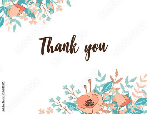 Classic and Refind Thank you card with flower frame background, hand drawn floral elements label. Vector design template, isolated. Card for wedding in trendy and fashion rust color photo
