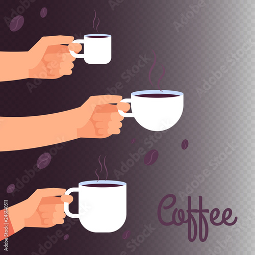 Coffee vector banner template or background with hands holding cups of hot drink illustration