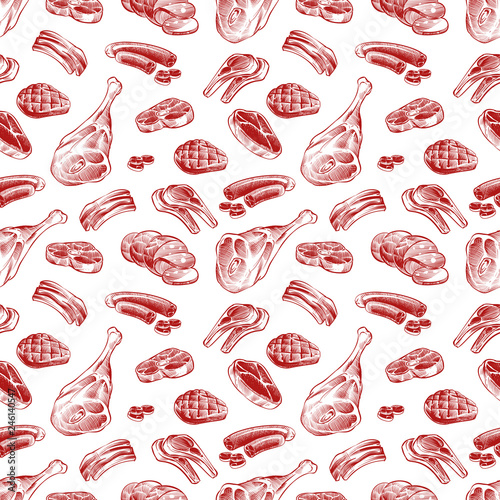 Hand drawn meat, steak, beef and pork, lamb grill meat and sausage seamless pattern. Vector illustration photo