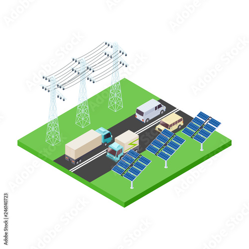 Eco power transmission and highway isometric vector concept isolated on white