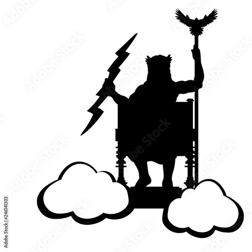 Zeus Jupiter god throne silhouette ancient mythology fantasy. Vector illustration.