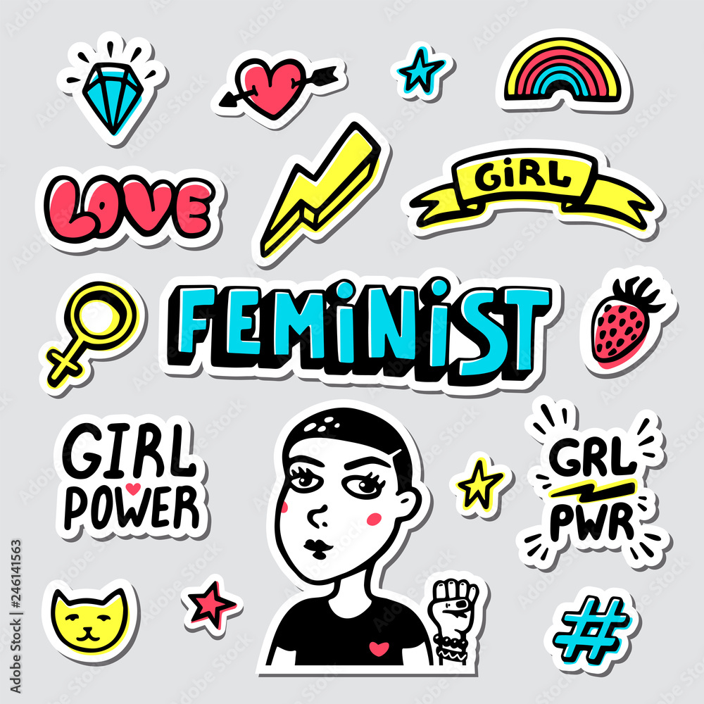 Feminist sticker set. Feminist cute hand drawing illustration for print, brochure, greeting card, bag, clothing. Girl portrait, inscriptions and icons for pins and stickers. Vector illustration.