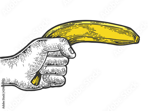 Hand aiming banana as pistol engraving vector illustration. Scratch board style imitation. Black and white hand drawn image.