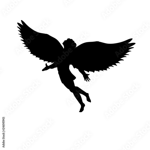 Flying man Icarus silhouette mythology symbol fantasy tale. Vector illustration.
