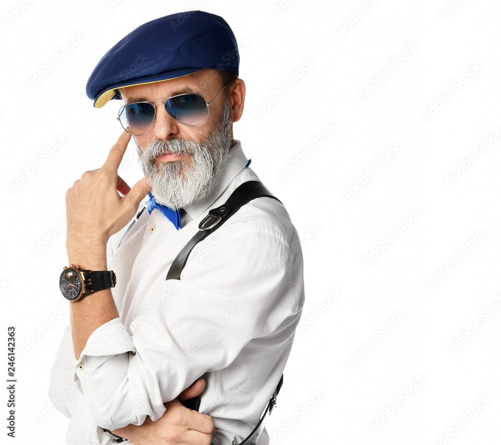 Old brutal senior millionaire man in white shirt and aviator sunglasses looks judging stylish fashionable men Old brutal senior millionaire man in white shirt and aviator sunglasses looks judging stylish fashionable men