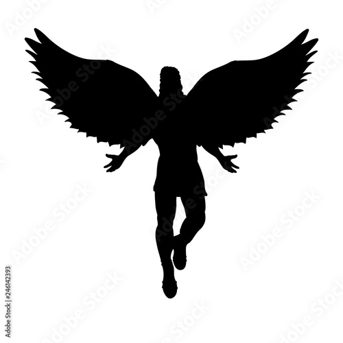 Flying man angel silhouette mythology symbol fantasy tale. Vector illustration.