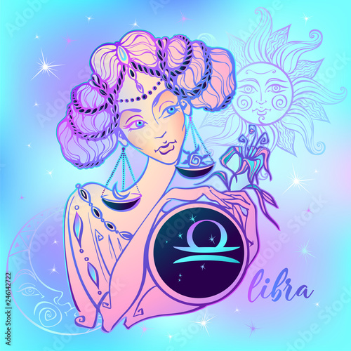 Zodiac sign Libra a beautiful girl. Horoscope. Astrology. Vector.