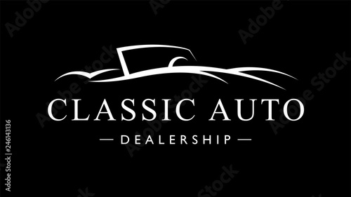 Classic retro style sports car dealership logo. Vintage convertible auto garage vehicle silhouette icon. Vector illustration.