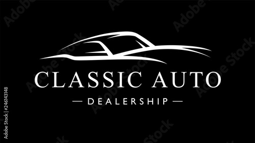 Classic retro style sports car dealership logo. Motor vehicle auto garage silhouette icon. Vector illustration.