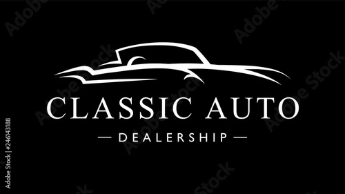 Classic retro style sports car dealership logo. Vintage convertible auto garage vehicle silhouette icon. Vector illustration.