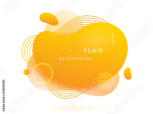 Yellow liquid blob with lines and circle. Abstract fluid spot as template for logo background. Gradient aqua blotch for modern card design. Dynamical colored circles and lines in free shape