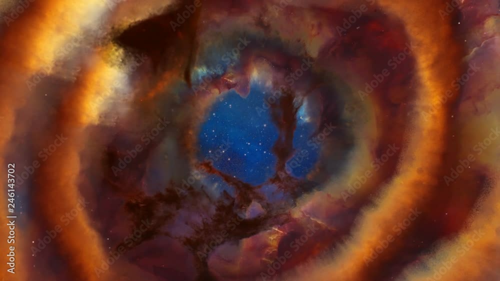 A three dimensional deep space trip through a tunnel of gas and dust with a starry background