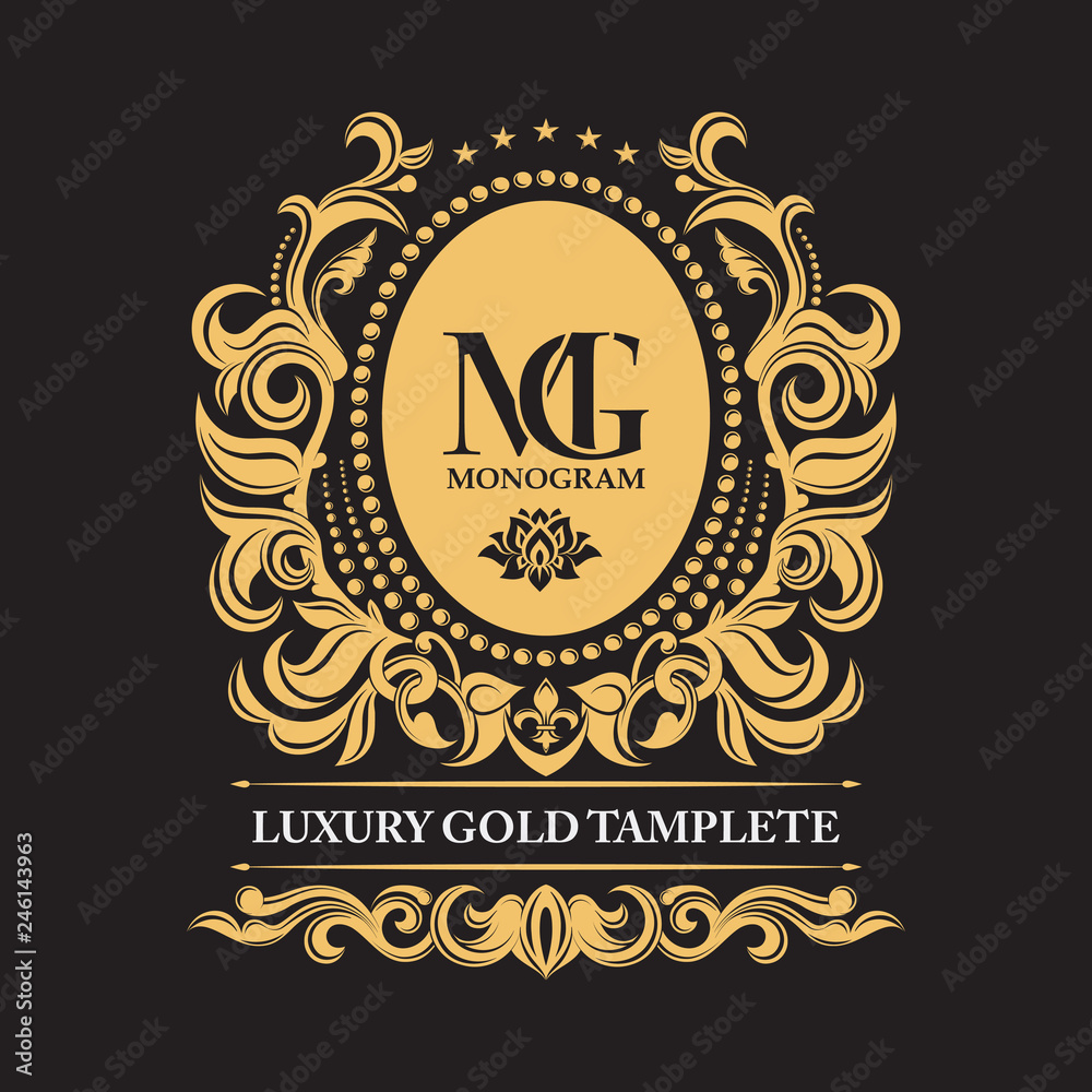 Exclusive leafy vintage ornament. Luxury golden pattern. Elements of the logo. Gold decorative frame. Vector logo templates. The past. Monogram, initials, jewelry. Elegant emblem logo.