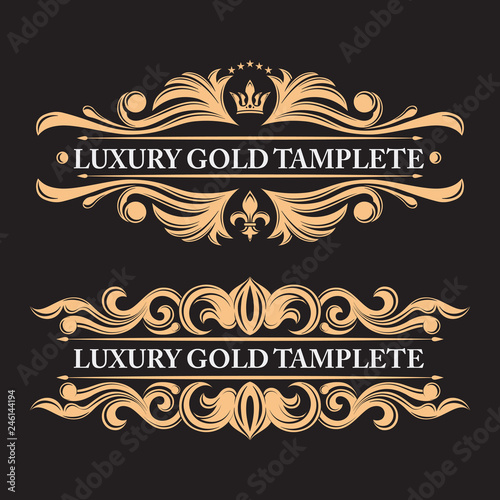 Templates vintage elements on a black background. Luxurious heraldic leaf ornament. Wedding monogram. Exclusive golden calligraphic design elements. Vintage border and frame. Elements of the logo..