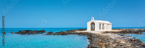 Fotografie Panorama of Agios Nikolaos (Saint Nicholas) church, Georgoupoli in Crete, Greece