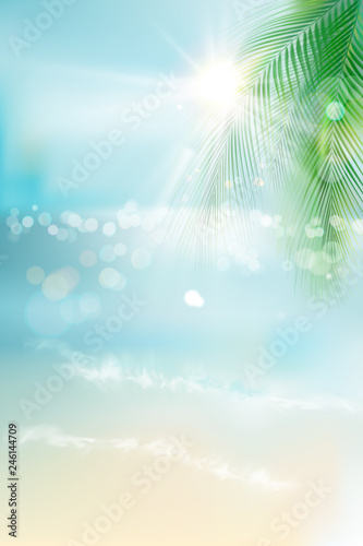 Widok słoneczna plaża z drzewkiem palmowym. Niebieski ocean. Ilustracja wektorowa.