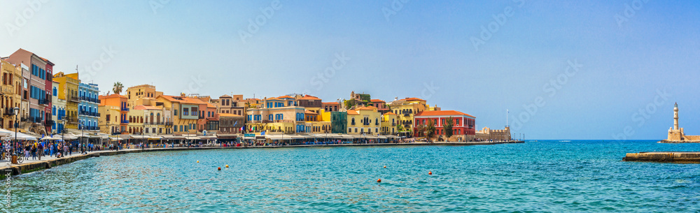 Panorama of the venitian habor of Chania in Crete, Grece