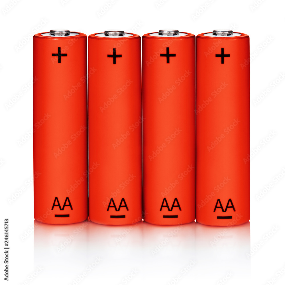 Four red AA Alkaline batteries, isolated on white background Four red AA Alkaline batteries, isolated on white background