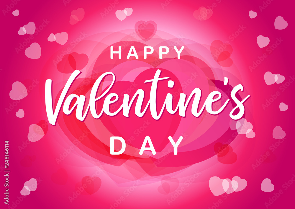 Lettering Happy Valentines Day, pink hearts love greeting card. Valentine banner template with typography text happy valentine`s day on hearts in rose colors. Vector illustration