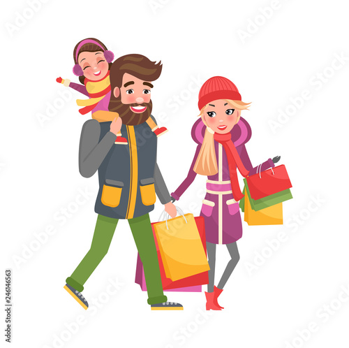 Parents and little girl do shopping on Christmas. Dad and mom with bags or packs, holiday gifts for family members. Father carrying daughter on shoulders