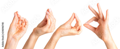 Canvas-taulu Set of woman hands holding something with two fingers