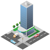 Isometric icon high glass building with street and cars for city map creation. Urban elements modern architecture.