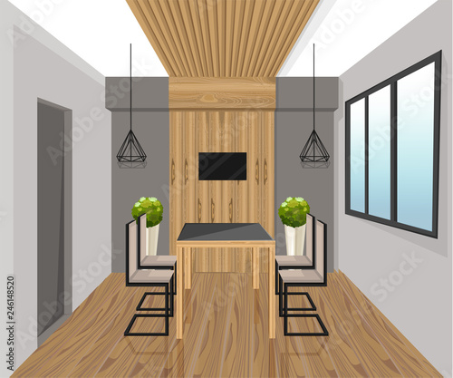 Interior design loft style Vector. Dining table. Wood panel decor. Sale adver...