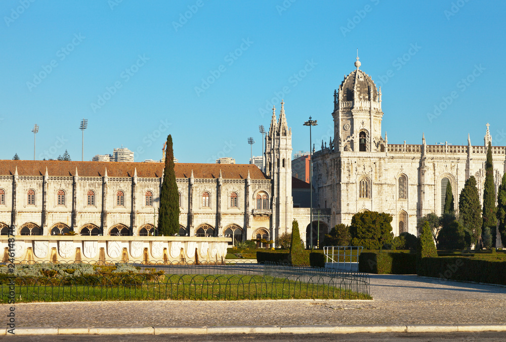 Lisbon. Belem. Imperial Square. View of the beautiful, gothic Jeronimos Monastery grandiose monument of the Manueline style of Portuguese architecture (Mosteiro dos Jeronimos 1502-1580)