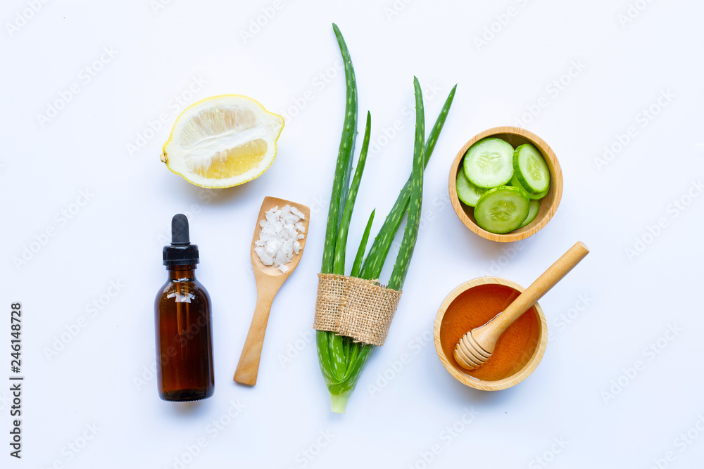 Natural ingredients for homemade skin care on white. Natural ingredients for homemade skin care on white.