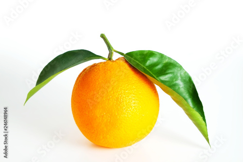 Close up image of one juicy organic whole orange with green leaves & visible zest texture, isolated white background, copy space. Macro shot of single bright citrus fruit. Top view, flat lay.