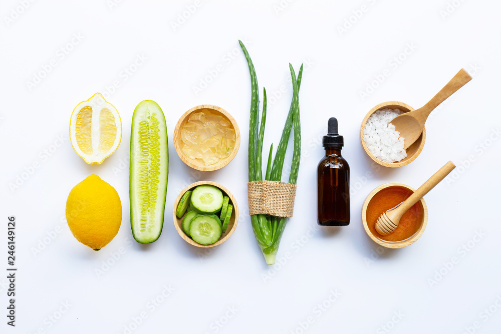 Natural ingredients for homemade skin care on white. Natural ingredients for homemade skin care on white.
