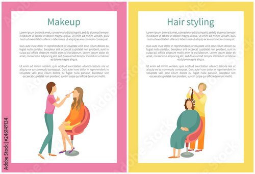 Makeup and hair styling posters set with text. Spa salon visagiste and hairdresser vector. Woman making new hairstyle, wavy locks, face beautification