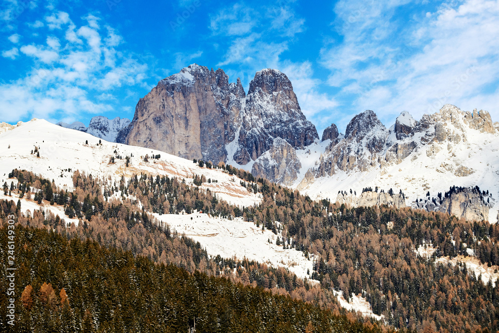 Dolomite mountains covered in snow