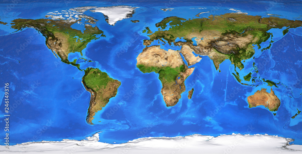 Obraz premium Płaska mapa świata o wysokiej rozdzielczości w lecie